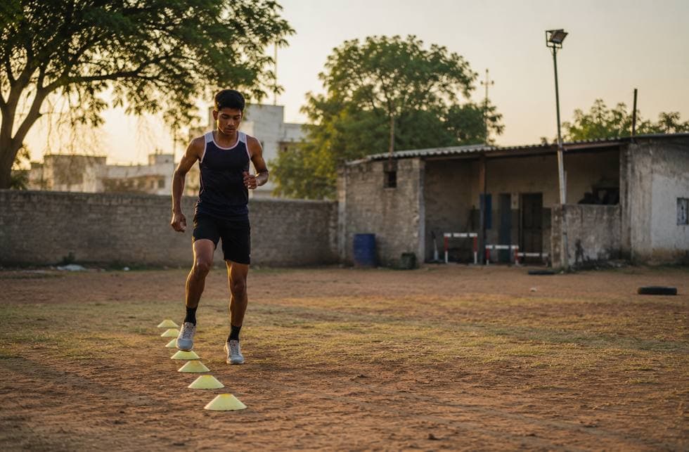 Athlete running cone drills on a local ground at dusk